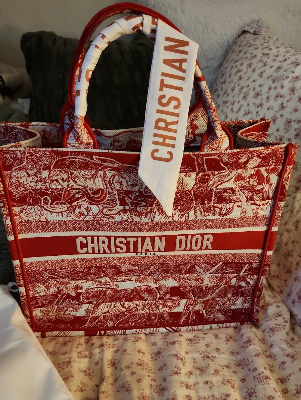 Inspired Red and White Toile Canvas Book Tote. All Embroidered.